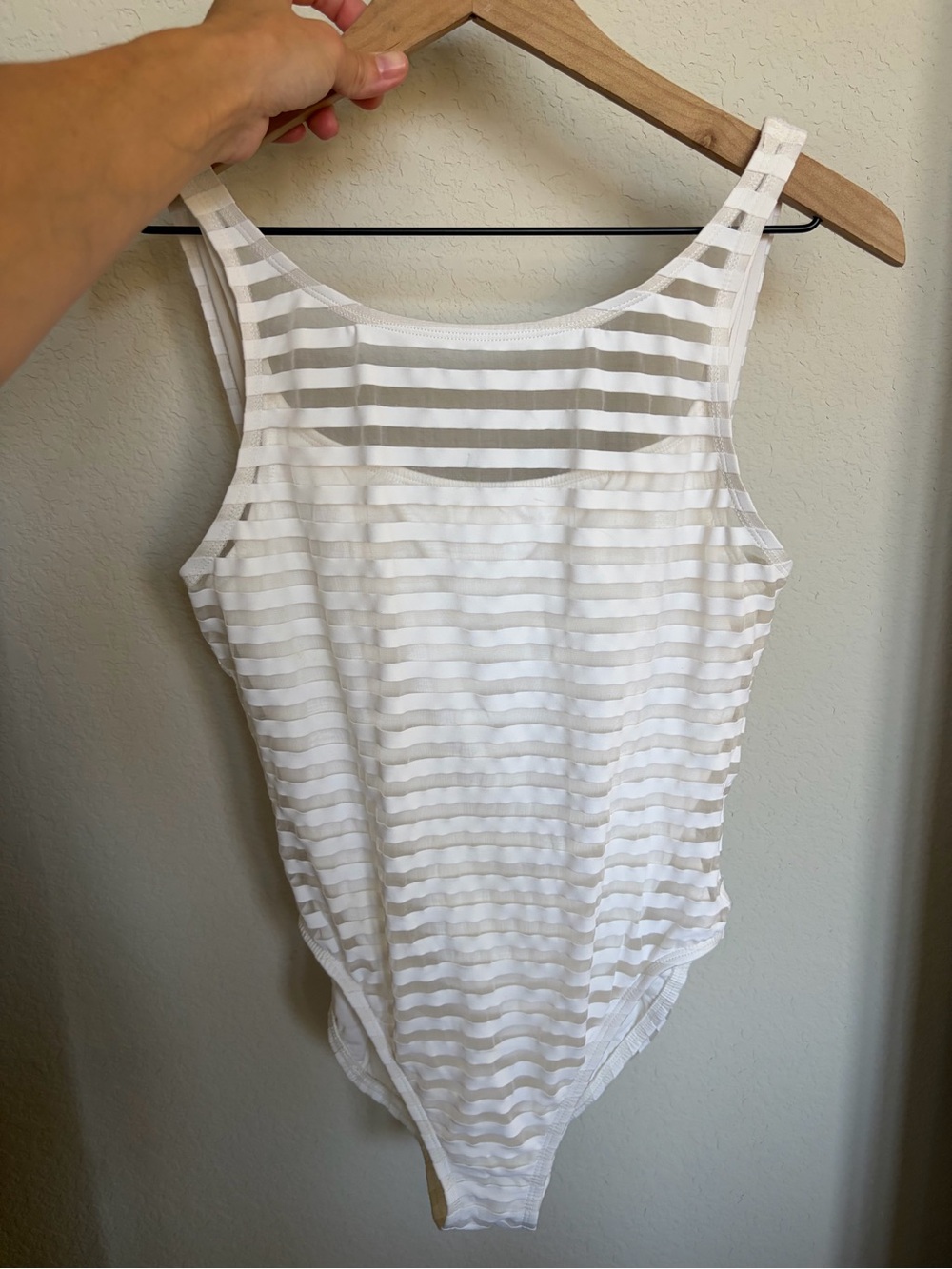 Anne Cole White Striped Sheer Overlay One Piece Swimsuit